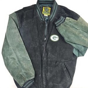 Vintage Green Bay Packers Jacket NFL Letterman Bomber Suede Leather Size L
